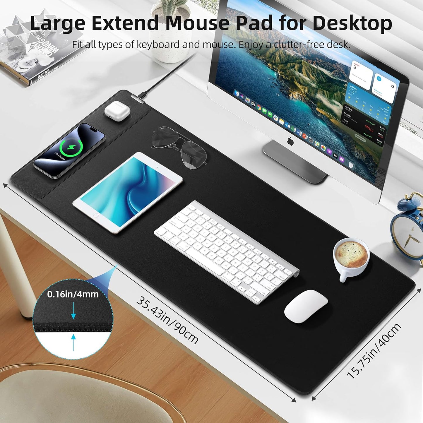 Mouse Pad with Wireless Charging, Gaming Mouse Pad with Ultra-Smooth Surface, Large XXL Desk Mat, Non-Slip Mouse Mat, Waterproof Computer Keyboard Pad for Gaming, Desk, Office, PC, 900x400x4MM, Black