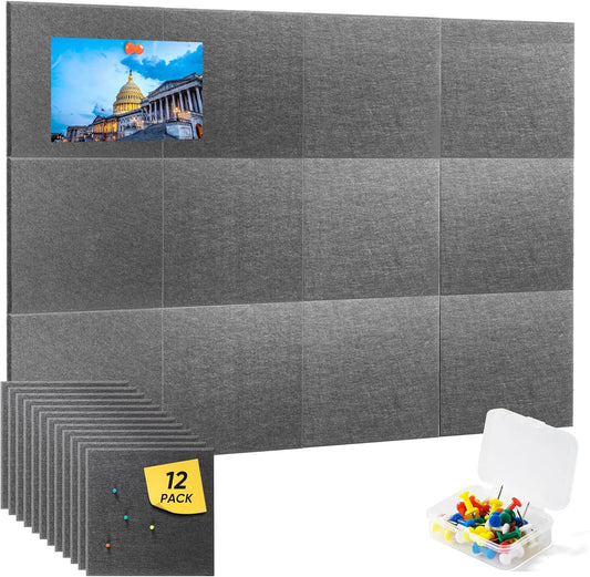 VUSIGN Large Cork Board for Wall 47"x35", 12 Pack Bulletin Board, Felt Wall Tiles with Adhesive Tabs and Push Pins, Push Pin Board for Office, School, Home, Grey