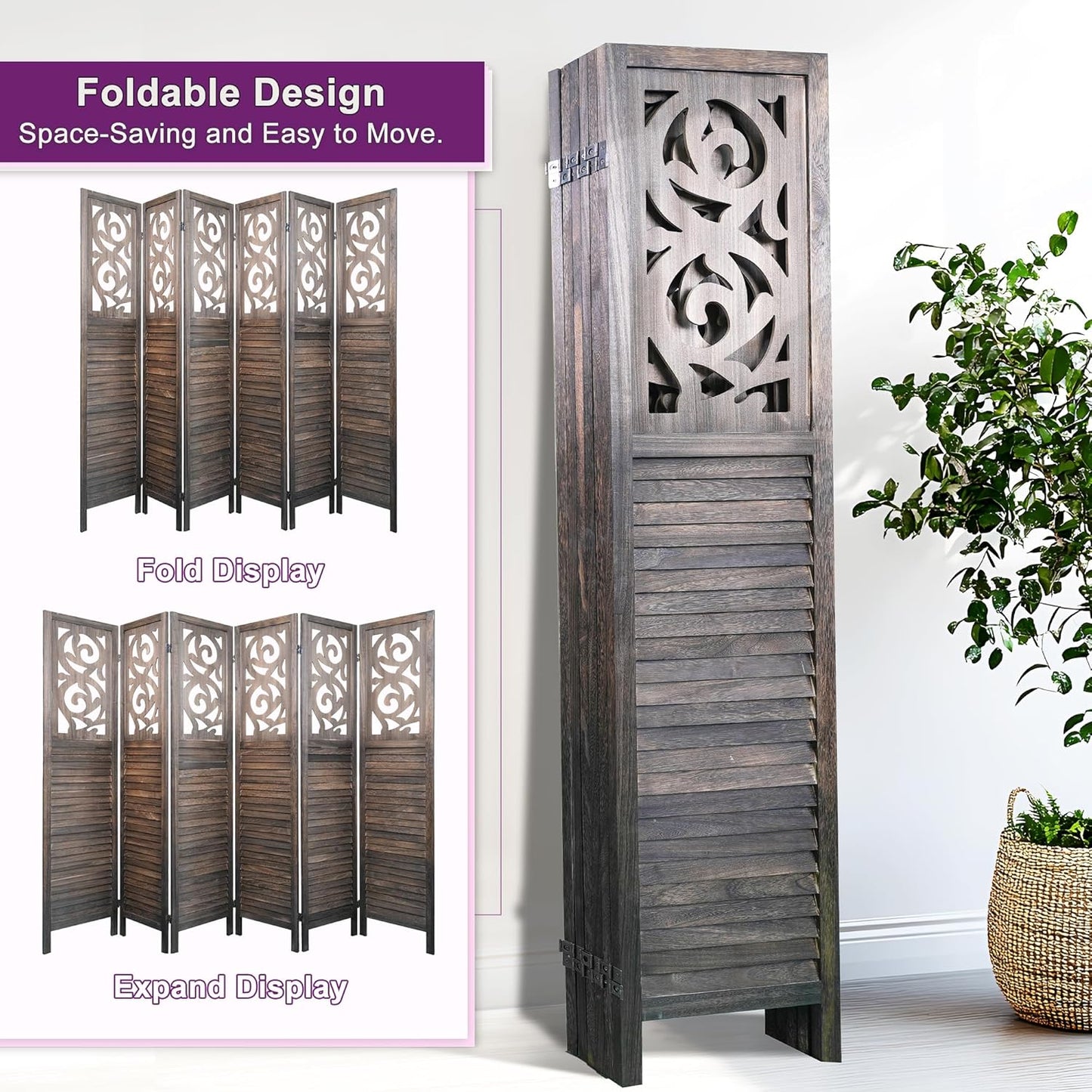 Room Divider, 5.6FT Folding Room Divider Panel, 6 Panel Craved Wood Partition Wall Divider for Room Separation, Rustic Brown