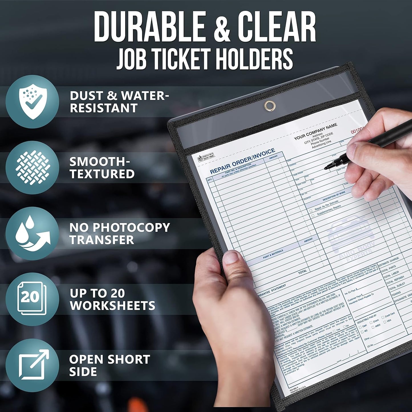 5 Pack Job Ticket Holders 9x12 - Work Order Plastic Sleeves for Documents - Shop Ticket Holders - Heavy Duty Plastic Permit Holder Sleeves - Dry Erase Pocket - Dry Erase Sleeve - Clear Pocket Sleeve