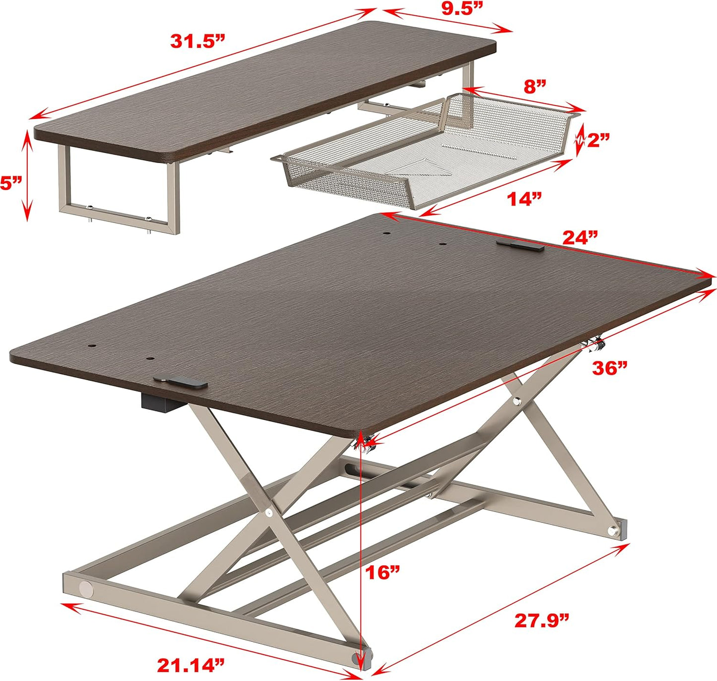 SHW 36-Inch Over Desk Height Adjustable Standing Desk with Monitor Riser, Espresso
