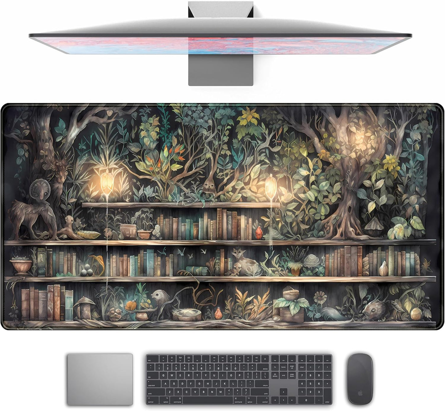 Forest Library Book Mouse Pad Desk Mat, Mystical Green Tree House XXL Extended Large Gaming Desk Pad Mousepad Computer Laptop Keyboard and Mouse Mat, Office Desk Decor Pad for Women 31.5x15.7 in
