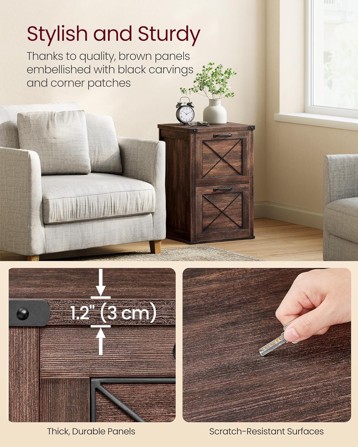 VASAGLE File Cabinet, Filing Cabinet with 2 File Drawers, Printer Stand, Fit A4, Letter Size, Hanging File Folders, Modern Farmhouse Style, for Home Office, Maroon Brown UOFC048K01