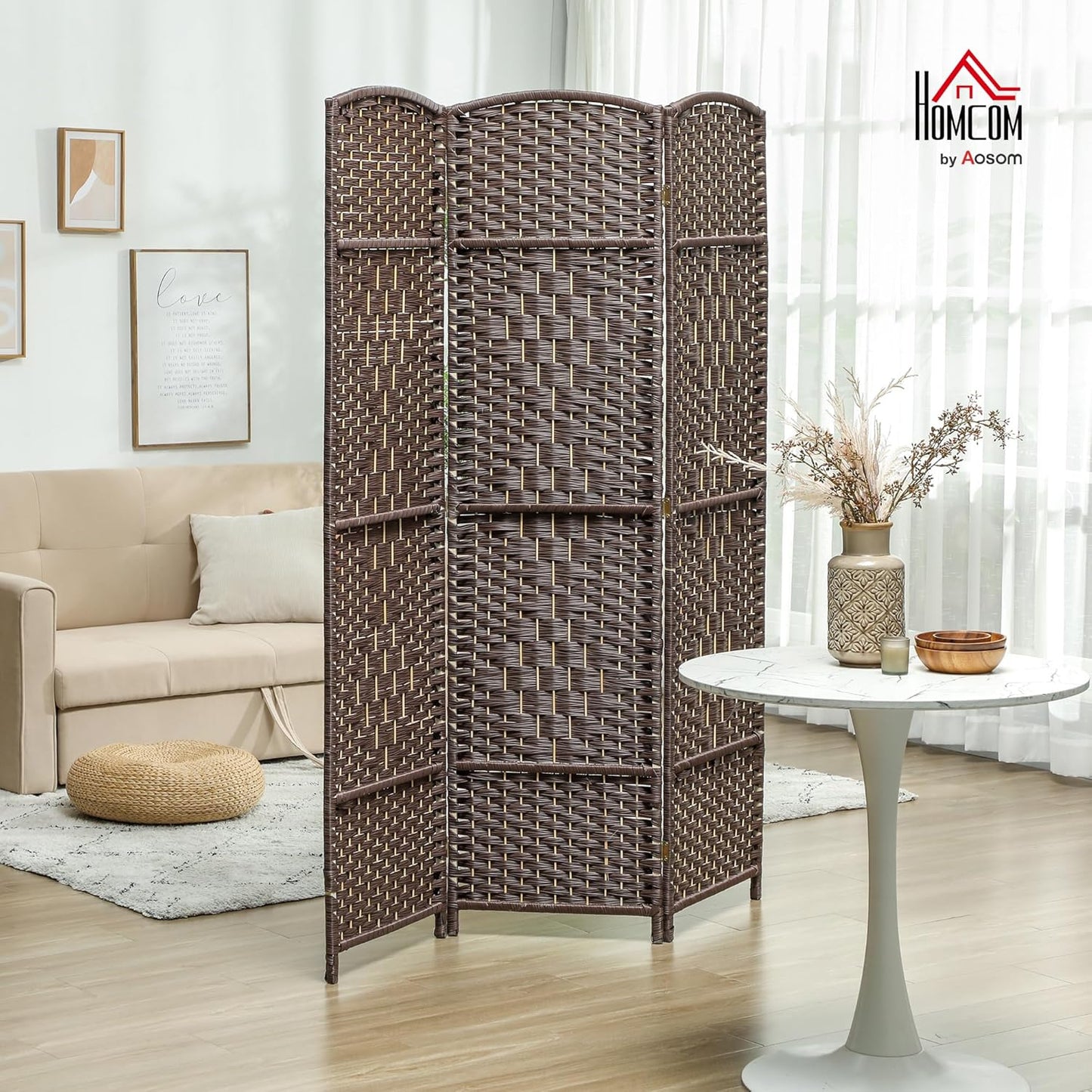 HOMCOM 3 Panel Room Divider, 6' Tall Folding Privacy Screen, Hand-Woven Freestanding Wall Partition for Home Office, Bedroom, Brown