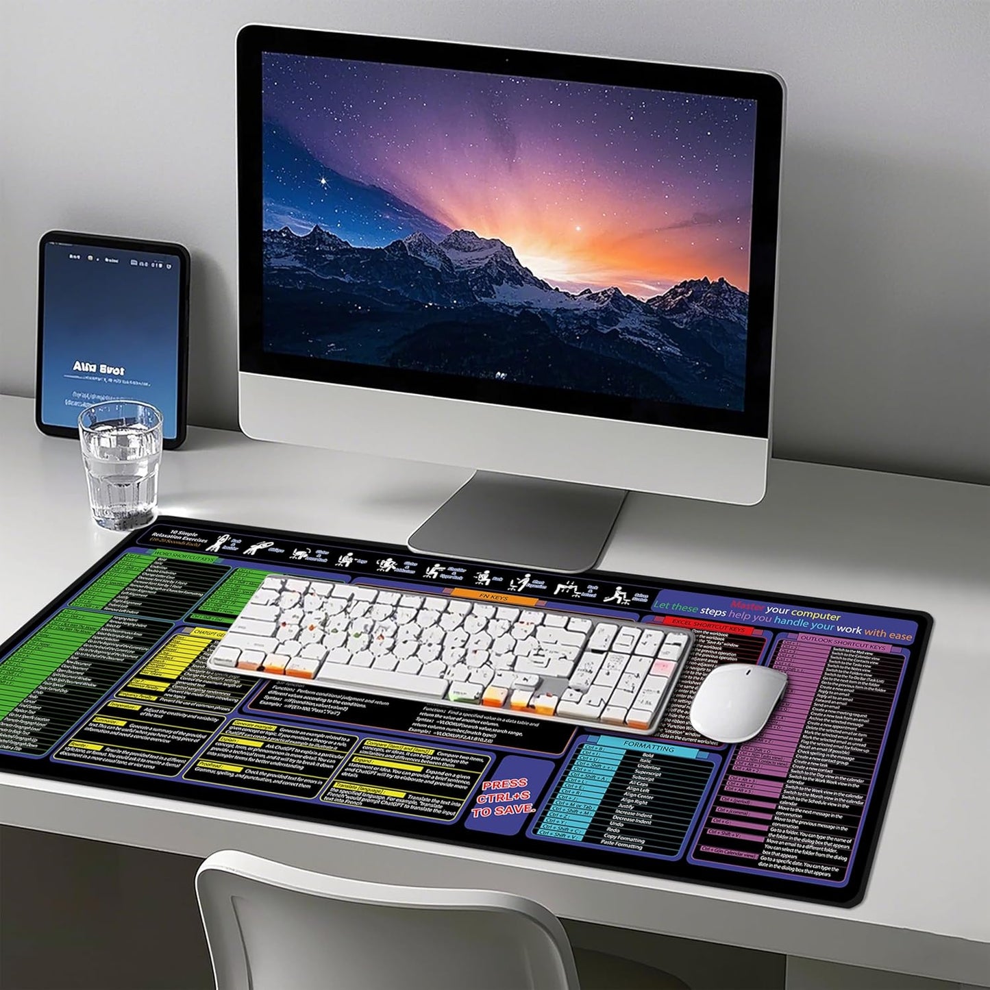 Mouse Pad with Excel, Word, Shortcuts – Excel Cheat Sheet Desk Pad – Portable Computer Mousepad – Gaming, Office, Waterproof, Non-Slip, Stitched Edges 35.5 x 15.7inches x 3mm