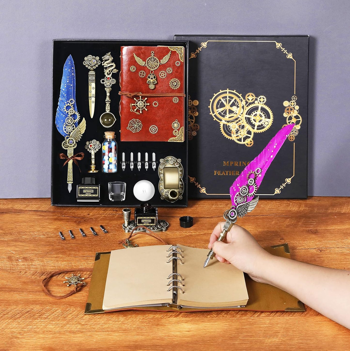 Aifeiter Quill Pen Ink Set Leather notebook With Quill Pen,Notebook,5 Replaceable Nibs,Seal Stamp,Spoon,Wax Beads,White Wax,Ink,Pen Holder,Cup,Envelope,Letter Paper,Envelope Tool(blue)