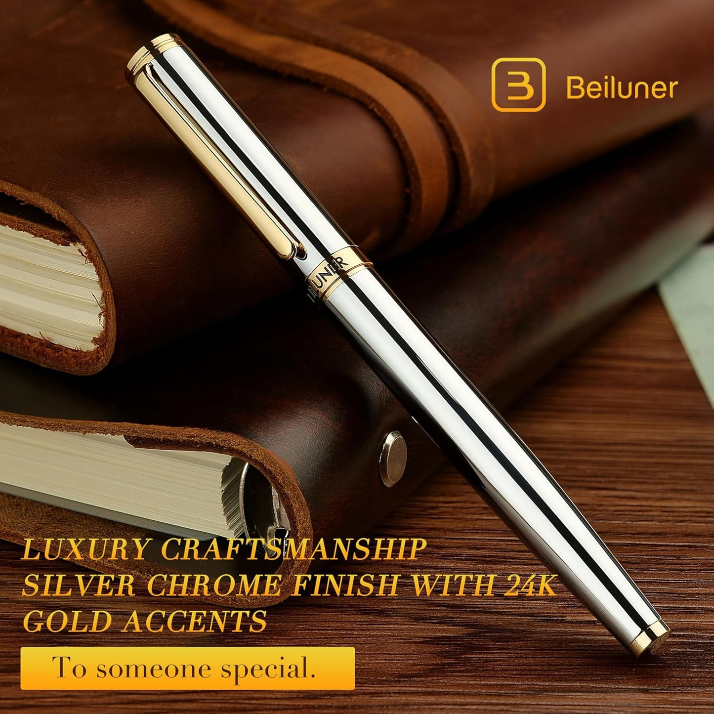 BEILUNER Silver Chrome Fountain Pen,Stunning Luxury Pens with 24K Gold Accents, Gorgeous 24K Gilded Nib(Medium), Ink Converter,Fancy Pen Gift for Men&Women-Elegant, Office, Executive,Nice for Writing