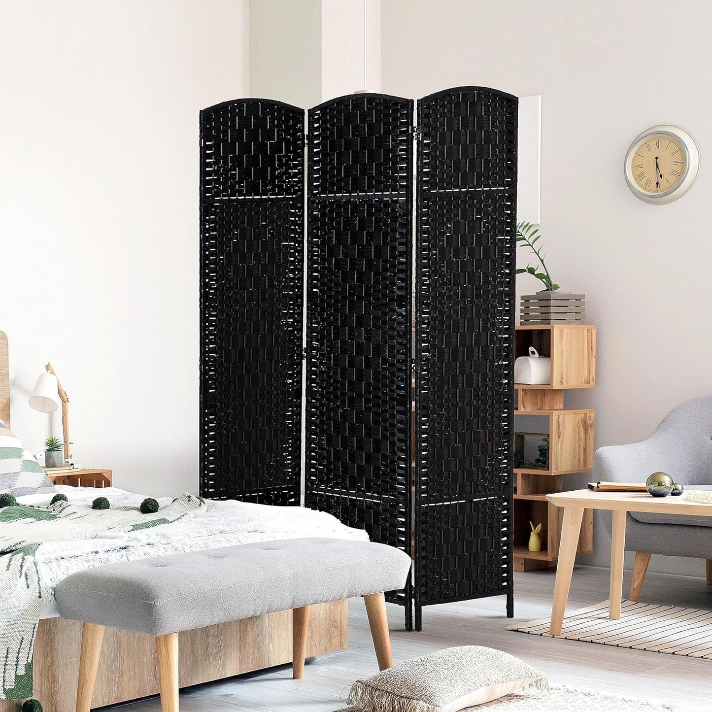 HOMCOM Room Divider, 3 Panel Folding Privacy Screen, 6FT Tall Portable Wicker Weave Partition Wall Divider for Bedroom, Home Office, Black