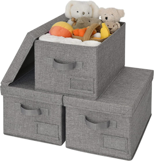 GRANNY SAYS Fabric Bins with Lids, Storage Baskets for Closet Organization, Decorative Storage Containers with Label Holder, Shelf Bins for Organizing Clothes, Dark Gray, 3-Pack