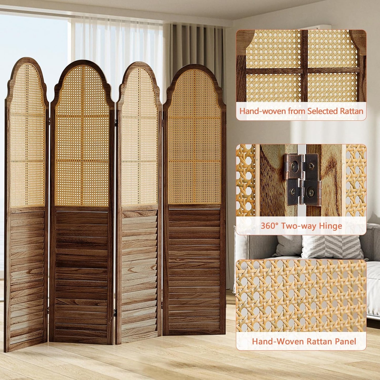 4 Panel Rattan Folding Screen Room Divider, Privacy Dividers for Rooms, Louvered Partition Dividers, Room Divider Panel for Bedroom, Dressing Room, Balcony, Dark Brown