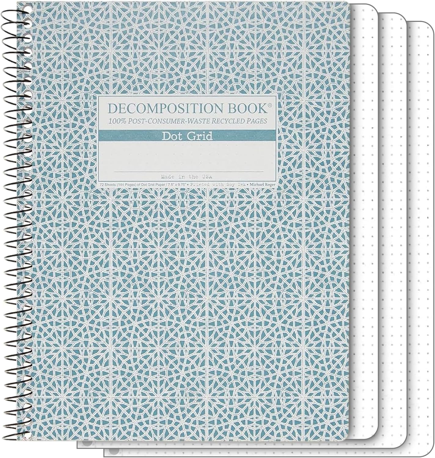 Decomposition Mosaic Dot Grid Spiral Notebook - 9.75 x 7.5 Journal with 144 Dot Grid Pages - 100% Recycled Paper - Notebooks for School Supplies, Home & Office - Made in USA