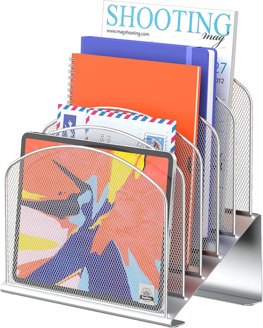 Inclined Desk File Organizer, 5-Section Vertical File Folder Holder Stand Metal Rack File Sorter for Office Classroom Desktop Organization (Silver, 1Pack)