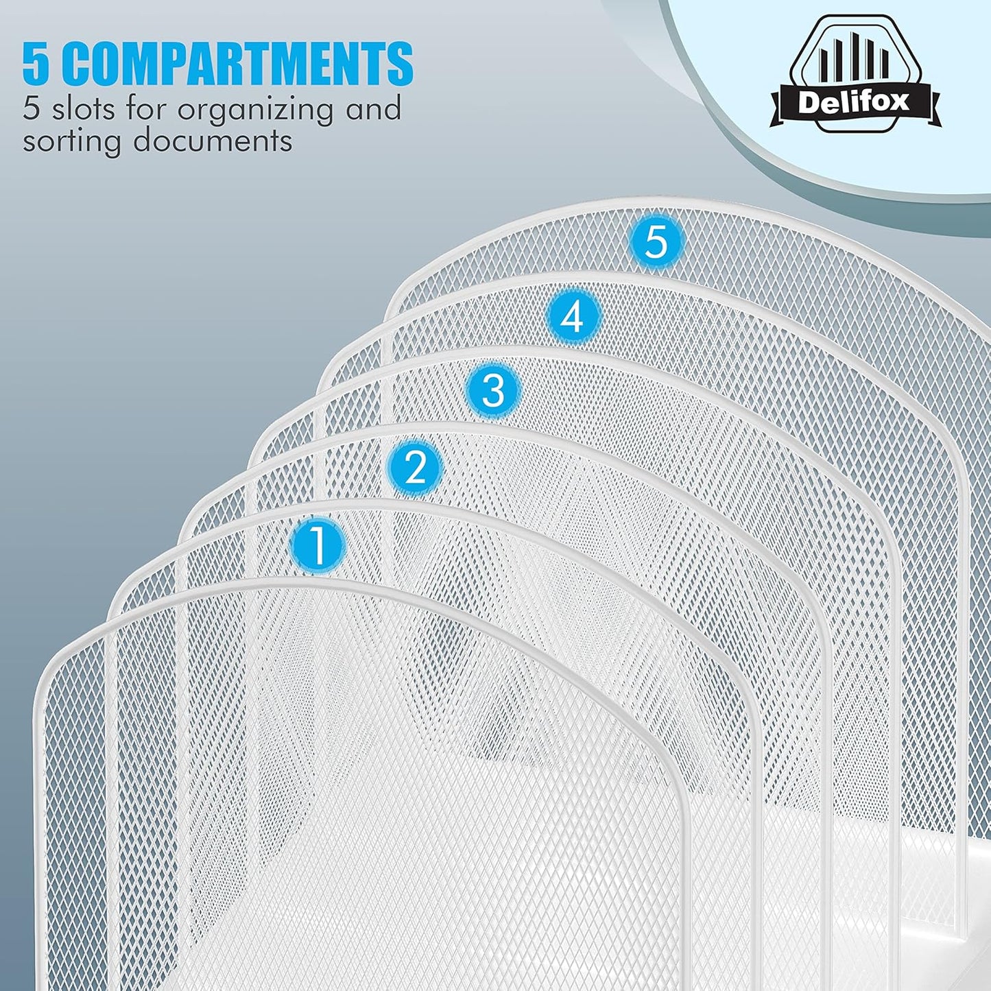 Inclined Desk File Organizer, 5-Section Vertical File Folder Holder Stand Metal Rack File Sorter for Office Classroom Desktop Organization (White, 1Pack)