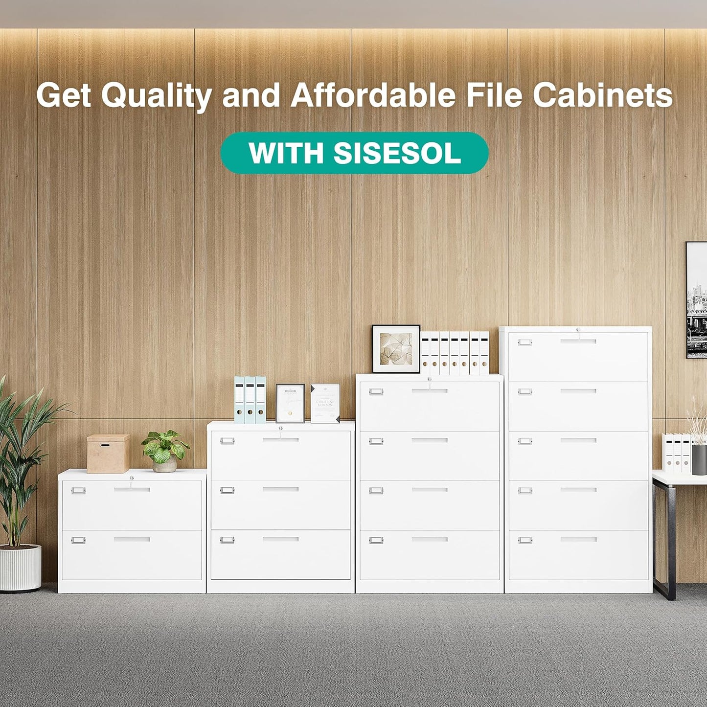 SISESOL 3 Drawer Lateral File Cabinet with Lock,White Lateral Filing Cabinet,Horizontal Metal Filing Cabinet,Locked Wide Three Drawer File Cabinet for Office Home,Fit A4/F4/Letter/Legal File