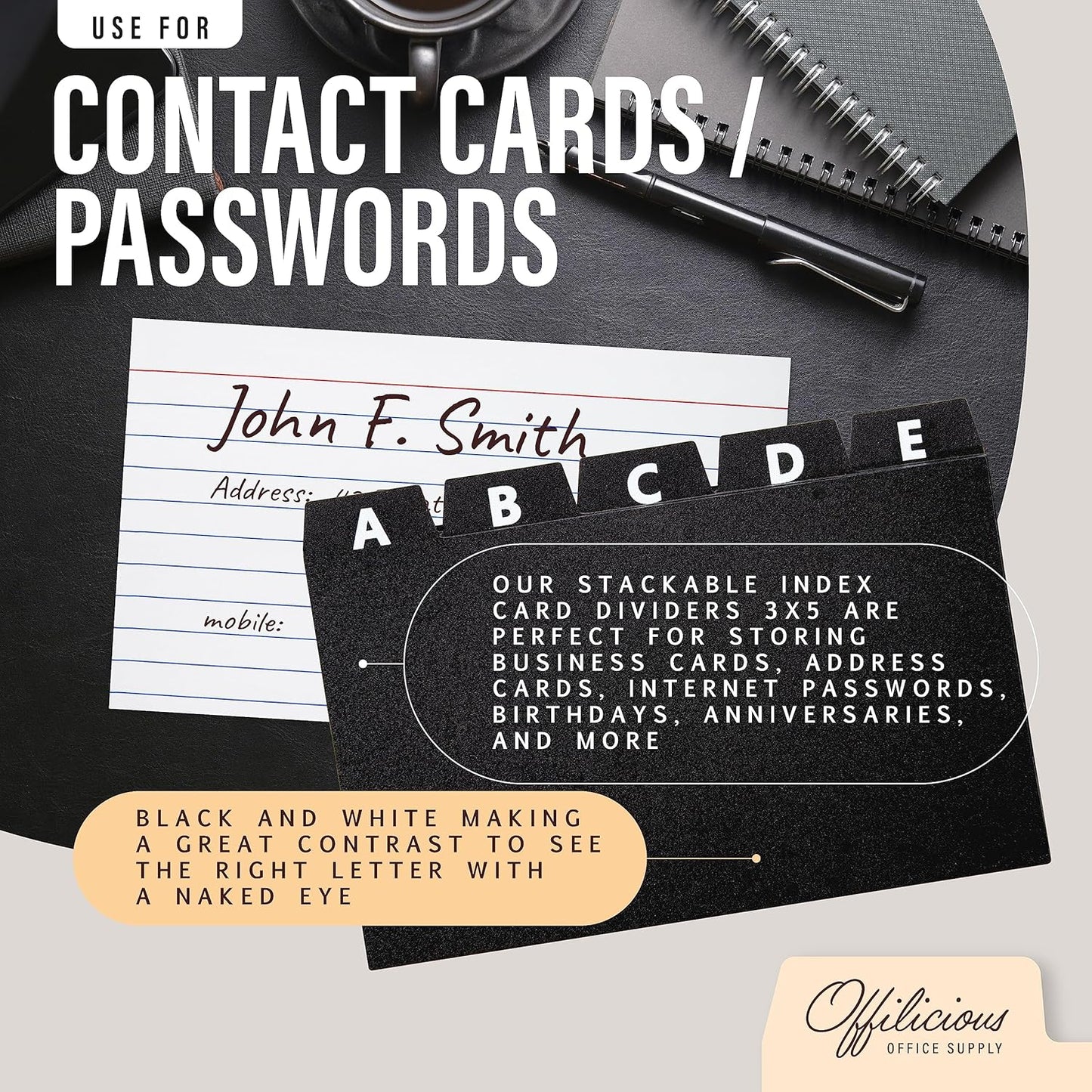 27 Black Index Dividers 3x5" - Large Index Card Organizer with Alphabetical File Dividers and Recipe Guides